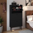 Ver imagem 2 de Kit Quarto Sapateira 3 Gavetas Basculantes Preto e Mesinha Lateral Pequena Nicho Off White/Cinamomo