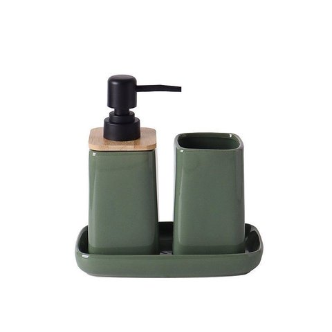 Kit Banheiro em Ceramica Verde Detalhe em Madeira 3pcs