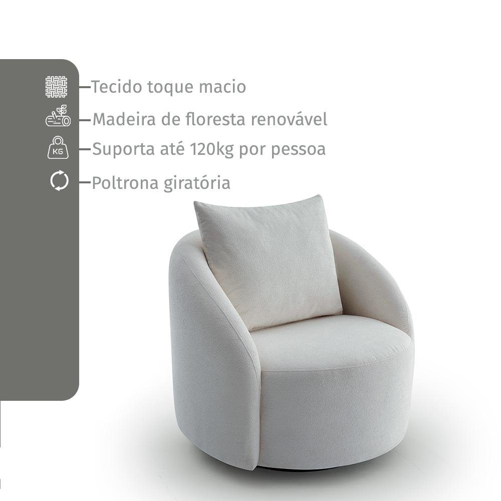 Poltrona Decorativa Orgânica Giratória Boucle Branco Cali Estofama - 5