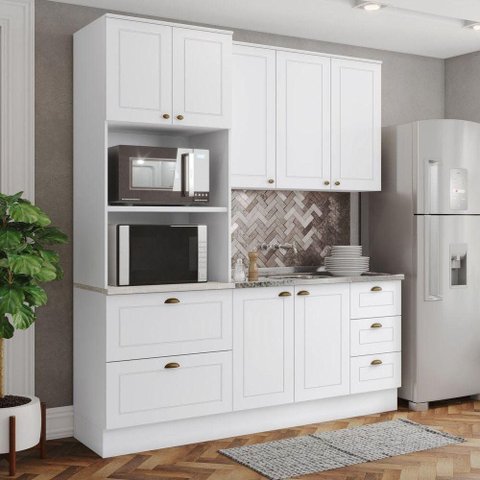 Cozinha Compacta Amy Casa 812 7 Portas 6 Prateleiras MDF 191.5cm Branco com Torre Quente