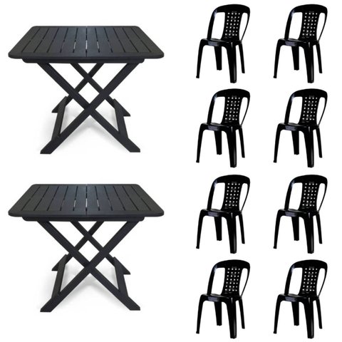 2 Mesas Quadradas Dobráveis 80cm Preta + 8 Cadeiras Vime Empilhável