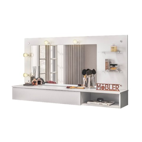 Penteadeira Camarim Suspenso Arlete com Espelho 01 Gaveta 135 cm Branco - D’Rossi