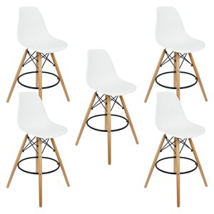 Kit 5 Banquetas Charles Eames Eiffel Wood Design Base Fixa Madeira - Branca