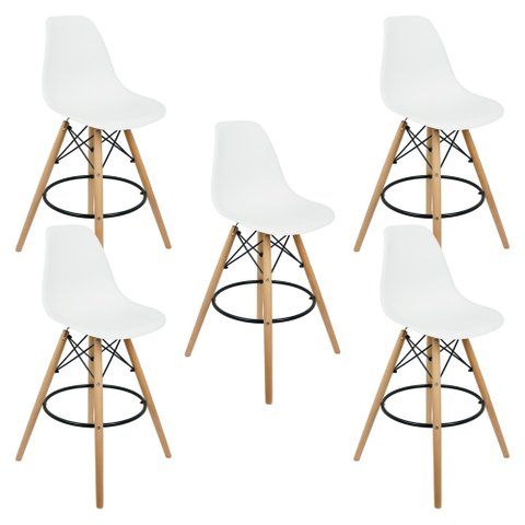 Kit 5 Banquetas Charles Eames Eiffel Wood Design Base Fixa Madeira - Branca