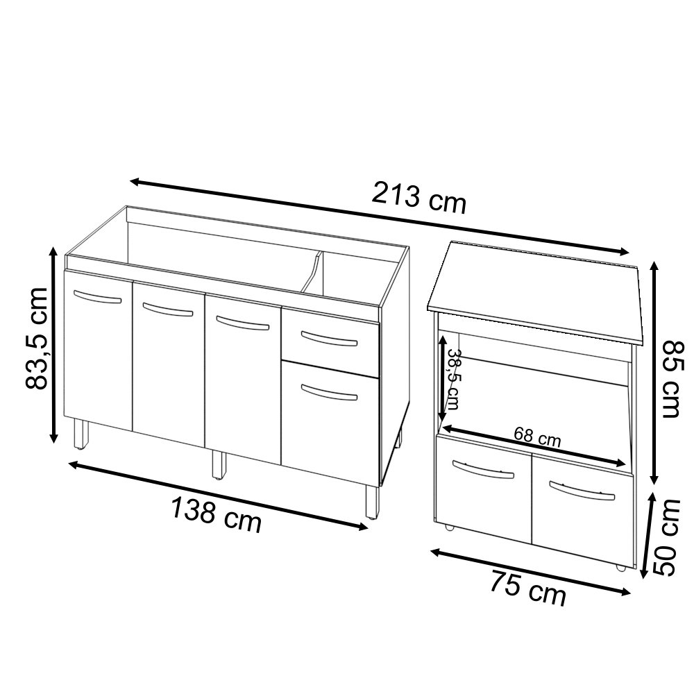 Balcão Armário Cozinha Gabinete de Pia 140 Cm Camila e Balcão Amanda para Microondas e Forno Elétric - 6