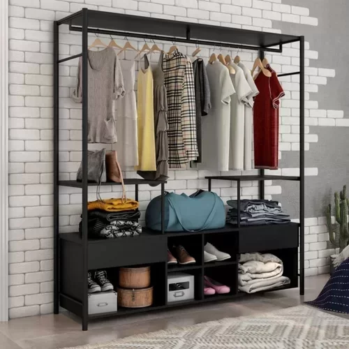 Guarda Roupa Arara para Closet Casal Industrial 174cm 2 Gavetas Barcelona Preto Fosco - Tenda House - 1