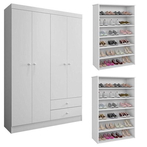 Guarda Roupa Louise com 02 Sapateiras Laís Branco Brilho - Ajl