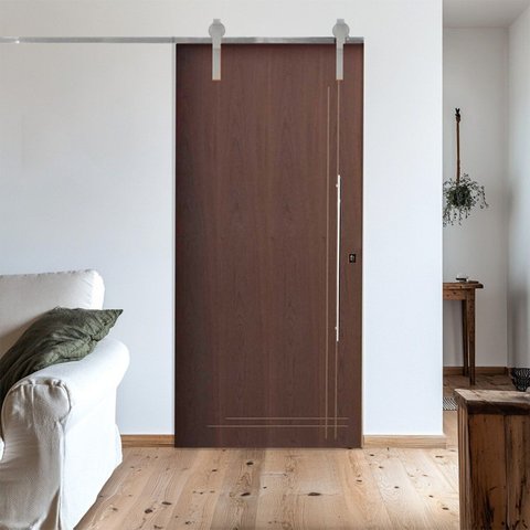 Porta Correr Frisada Trilho Soft Aparente Puxador Tubo 60cm 110x210cm Rodam Abertura Esquerda Branco