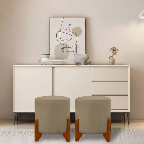 Kit 2 Puffs Banquetas Thor Pés de Madeira Maciça Veludo:bege