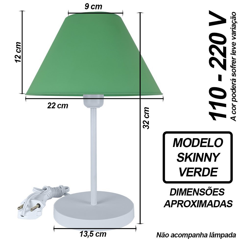 Abajur Infantil Luminária de Mesa Fino Decoração Quarto – Skinny Base Branca Cúpula Verde - 2