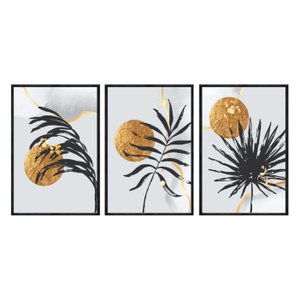 Kit 3 Quadros Decorativos 40x60cm Canvas Sol e Folhas Douradas Abstrato Abg040
