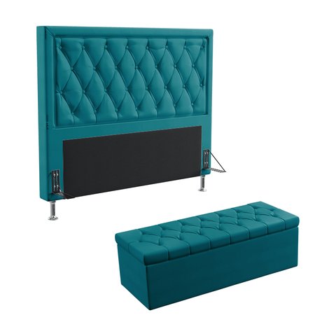 Kit Cabeceira Decorativa Box Centaurus 140 Para Cama de Casal e Calçadeira Sagitarius Sued Azul Turq