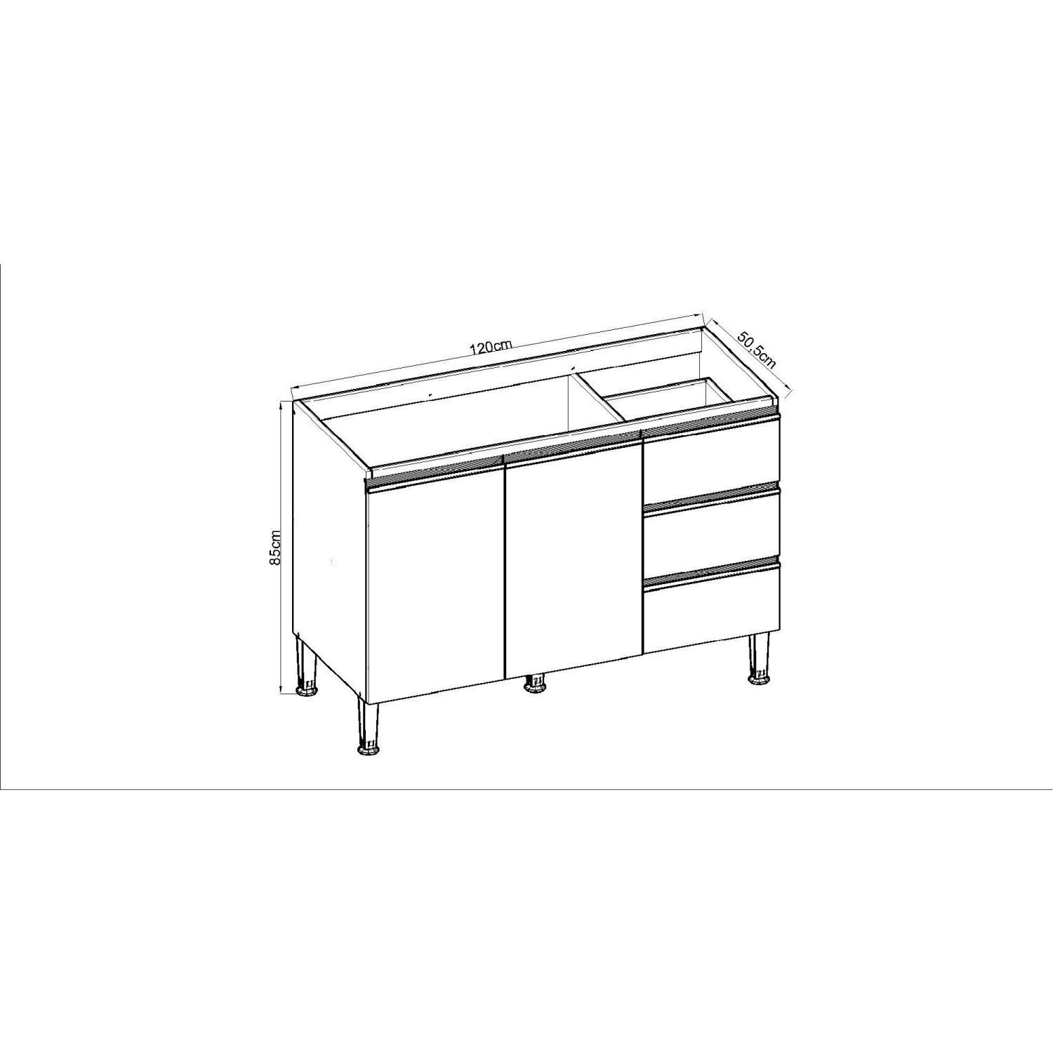 Balcão para Pia 120cm 2 Portas 3 Gavetas sem Tampo Conecta  - 4