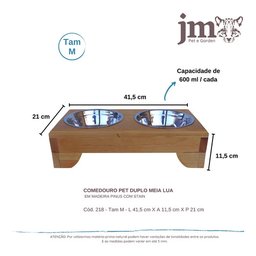 Comedouro Pet Elevado Duplo M - Potes Inox Madeira Meia Lua - 3