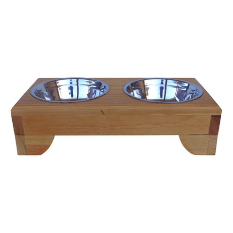 Comedouro Pet Elevado Duplo M - Potes Inox Madeira Meia Lua