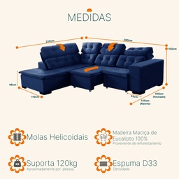Sofá Canto Retrátil e Reclinável 6 Lugares Pillow Top Molas Bonnel Berlim Azul - 3
