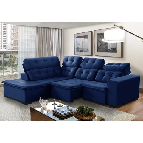 Sofá de Canto Retrátil e Reclinável 6 Lugares Pillow Top Suede Berlim Azul