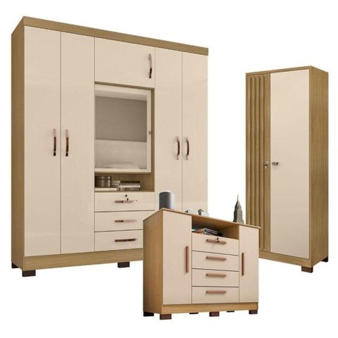 Guarda Roupa Casal Imperial e Cômoda Madri com Armário Multiuso Versatile Carvalho Americano Off