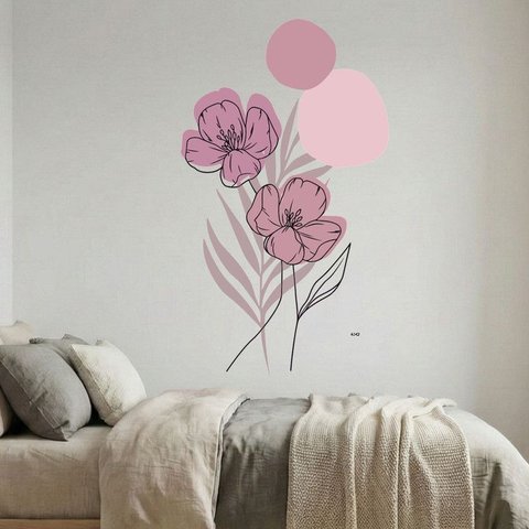 Adesivo Floral Boho Rosa Estilo Nórdico 88x150 Minimalista Abstrato
