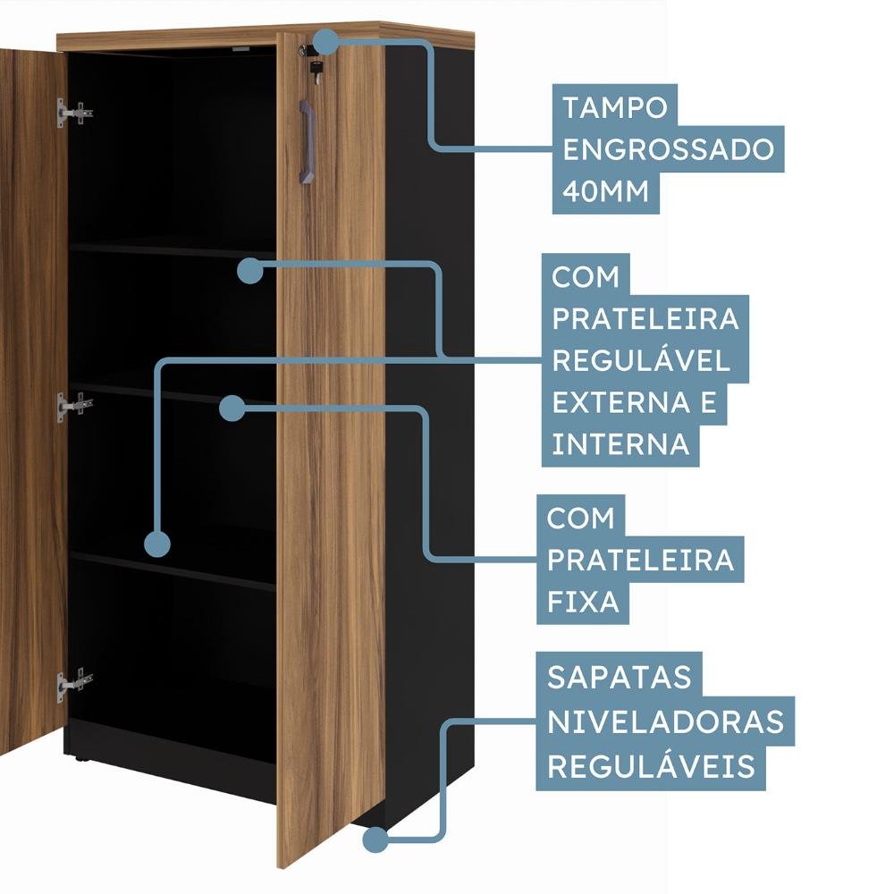 Armário Alto P/ Escritório 80cm 2 Portas Nogal Pr F5 Cor:nogal com Preto - 7