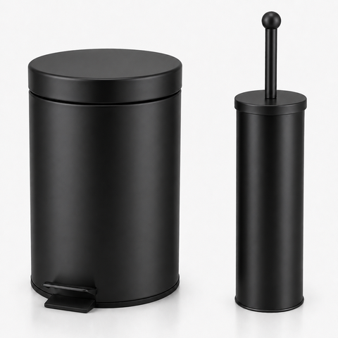 Kit Lixeira 3L com Pedal e Escova Sanitária Fechamento Suave Banheiro Premium Inox Preto Brinovar