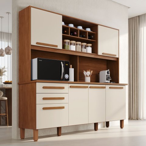 Armário para Cozinha 6 Portas 2 Gavetas Luna Plus Yescasa Cinamomo/Off Arenas