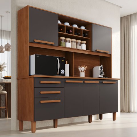 Armário para Cozinha 6 Portas 2 Gavetas Luna Plus Yescasa Cinamomo Grafite