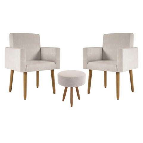 Kit 2 Poltronas Decorativa Consultorio Nina com Puff Balaqui Cor:bege