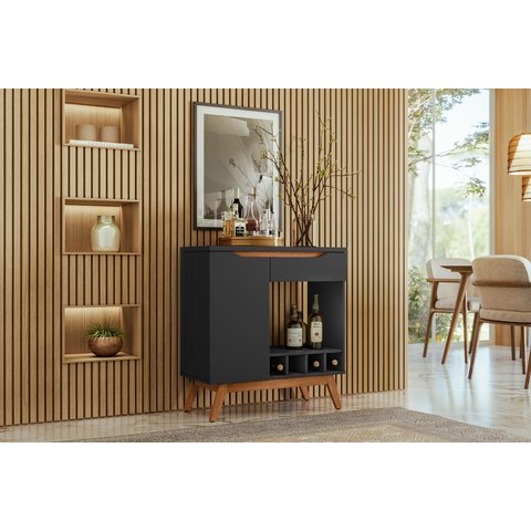 Aparador Adega Retrô Tóquio Móveis 1 Gaveta 1 Porta com Vidro 80cm Pés em Madeira Maciça Preto