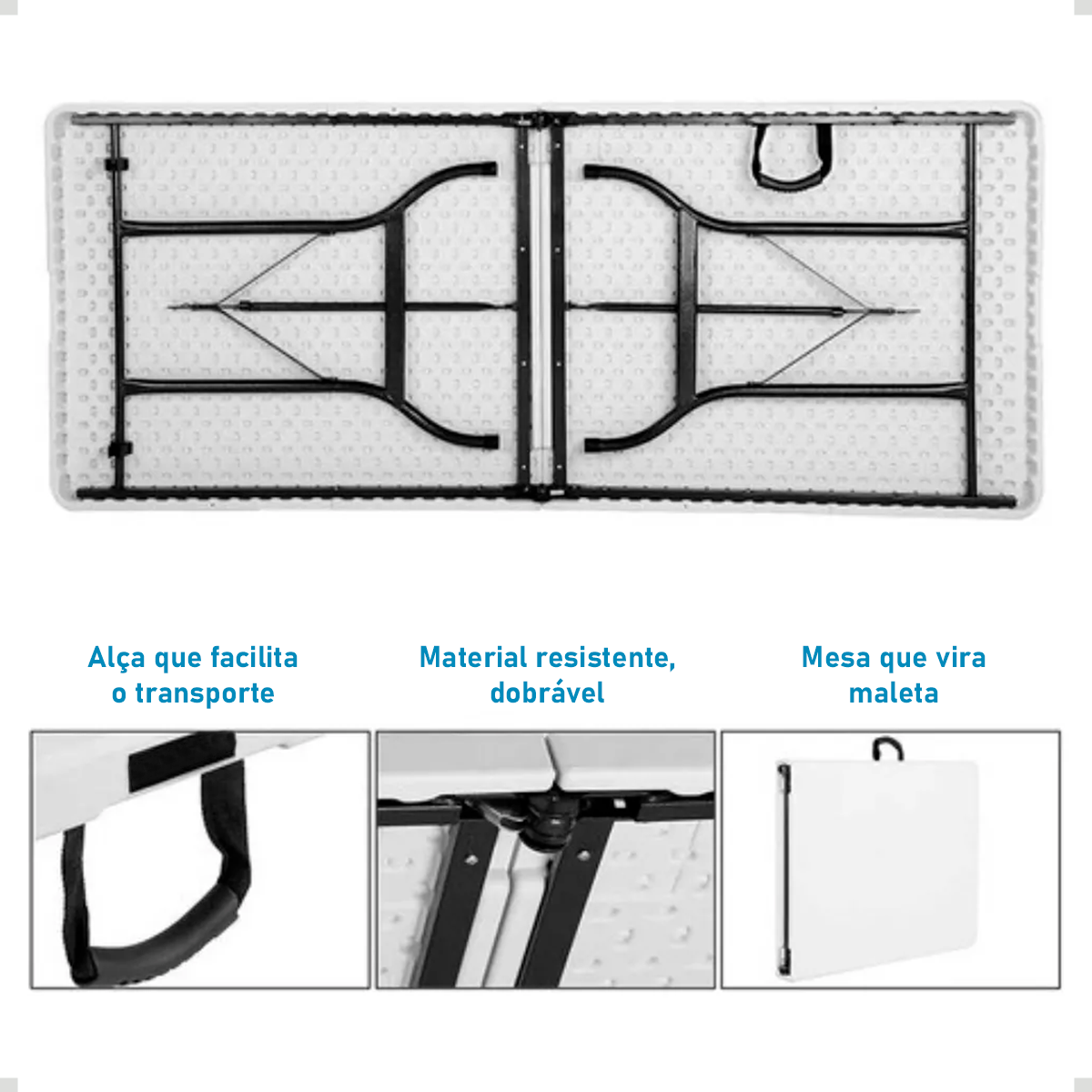 Mesa Maleta Dobrável 1,80m com Alça Portátil Branco 5sports - 4