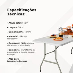 Mesa Maleta Dobrável 1,80m com Alça Portátil Branco 5sports - 8