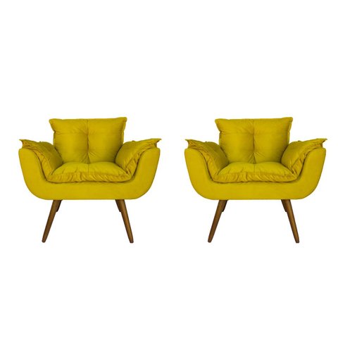 Jogo 2 Poltronas Decorativa Estofada Para Consultório Opala Suede Amarelo - LM DECOR
