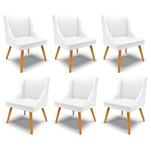 Kit 6 Cadeiras Decorativas Sala de Jantar Pés Palito de Madeira Firenze Pu Branco Fosco/natural