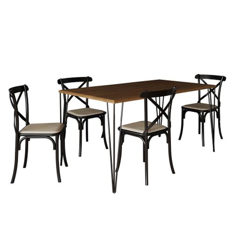 Conjunto de Mesa Elen Retangular Tampo de Madeira 140x80cm Amêndoa com 4 Cadeiras Katrina Preto
