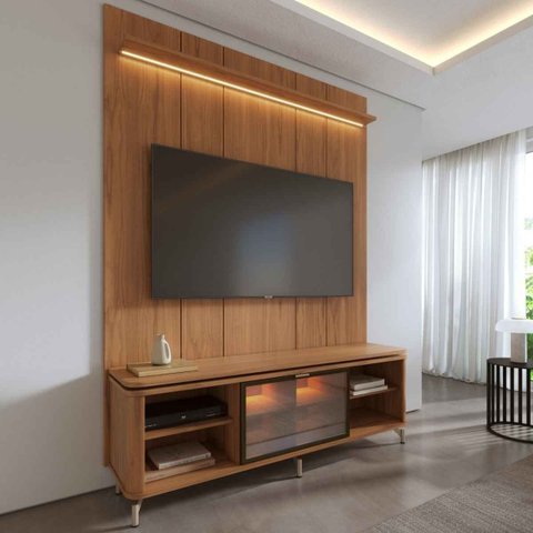 Rack com Painel para TV até 75 Polegadas Vidro Reflecta 100% MDF com LED Lincoln Float 178cm Canella