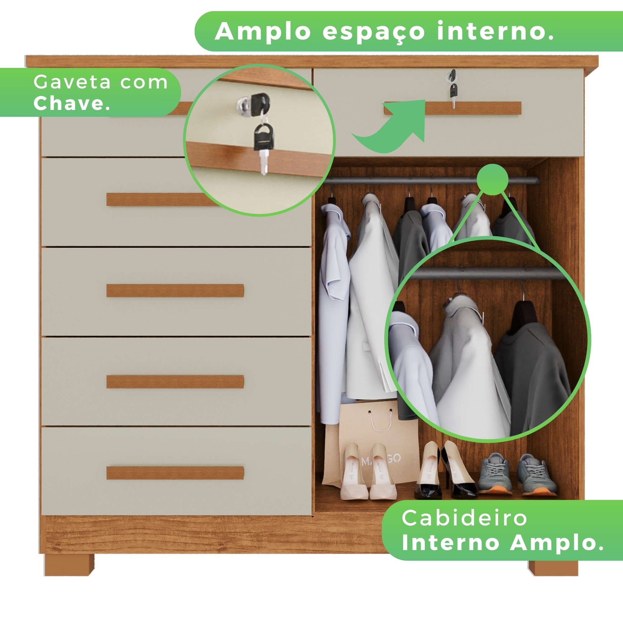 Cômoda 2 Porta 6 Gavetas Montagem Interna Flex Milão  - 2