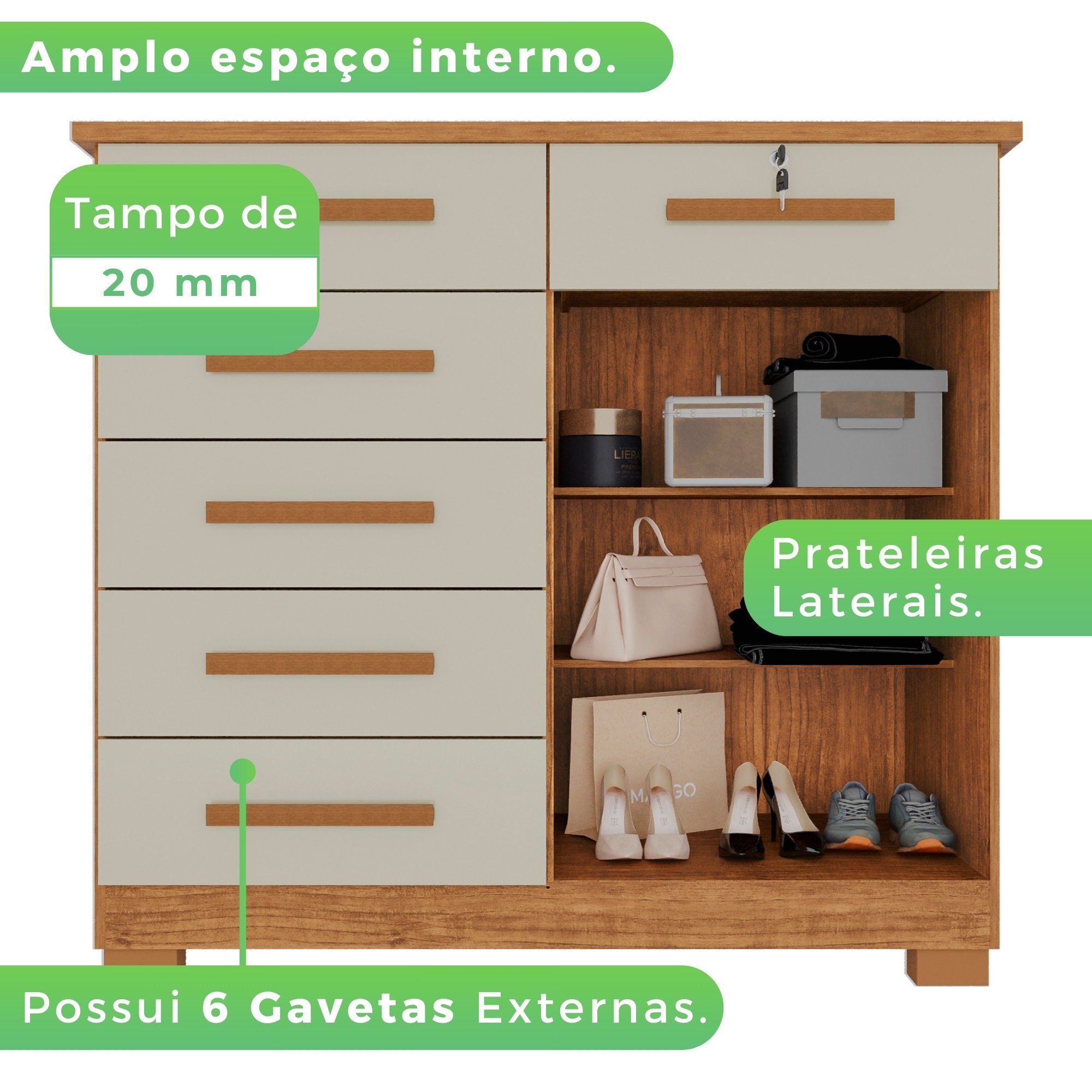 Cômoda 2 Porta 6 Gavetas Montagem Interna Flex Milão  - 3