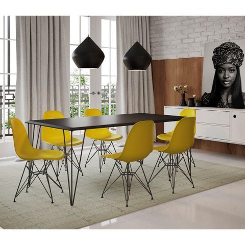 Conjunto de Mesa de Ferro Preto Tampo Preto 135x75 6 Cadeiras Ferro Preta Assento Amarel