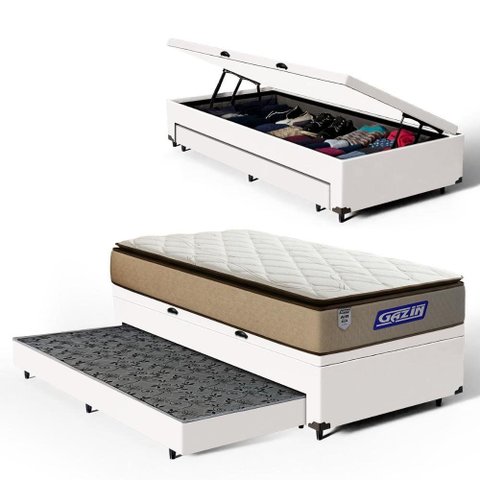Cama Box Baú com Colchão Gazin de Molas Ensacadas Pillow Top Air Pro + Auxiliar de Espuma Solteiro