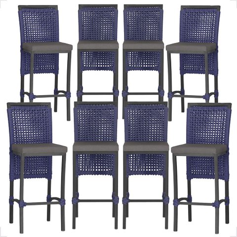8 Banquetas em Alumínio Roma Preta Corda Náutica Tecido 11