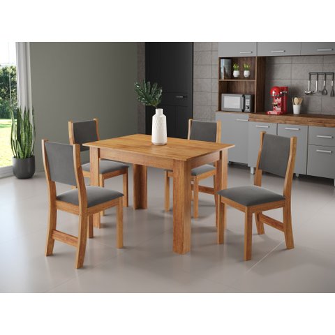 Conjunto Sala de Jantar 4 Lugares Mesa Jude e Cadeiras Sol Estofadas Mel e Cinza Marrom