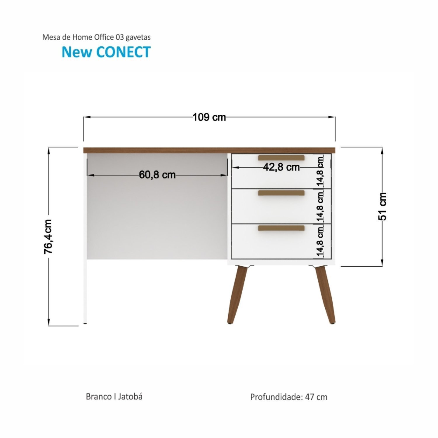 Escrivaninha 109cm 3 Gavetas Pés Madeira Maciça Entrada USB New Conect  - 3