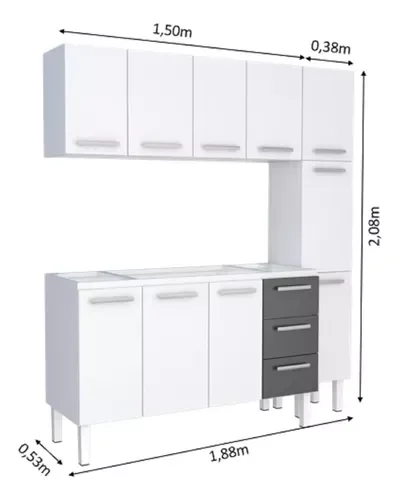 Conjunto Cozinha Completo para Pia 1,60metros Gabinete 3 Gavetas + Aéreo + Paneleiro 100% em Aço - V - 3