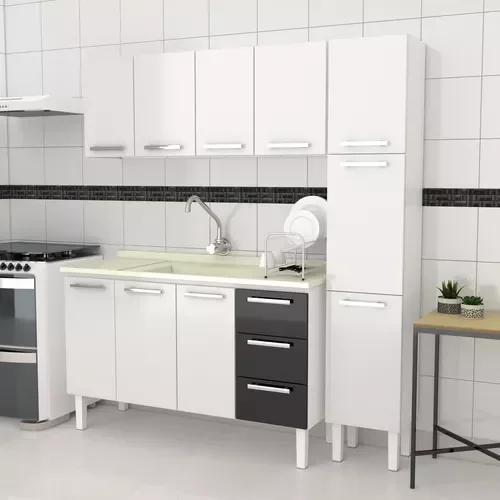 Conjunto Cozinha Completo para Pia 1,60metros Gabinete 3 Gavetas + Aéreo + Paneleiro 100% em Aço - V - 1