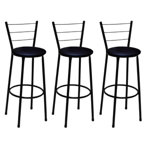 Kit 3 Banquetas Altas Preta com Encosto Assento Preto