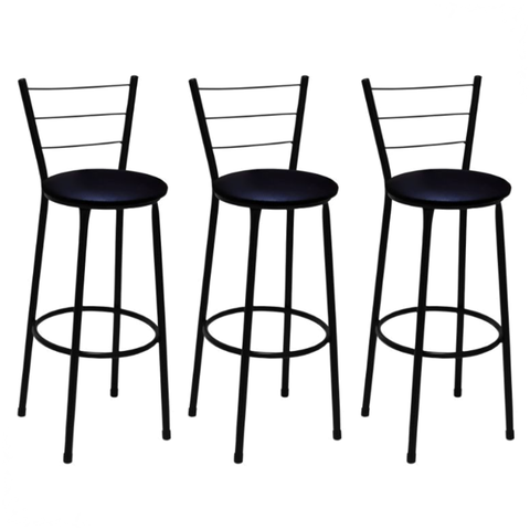 Kit 3 Banquetas Altas Preta com Encosto Assento Preto