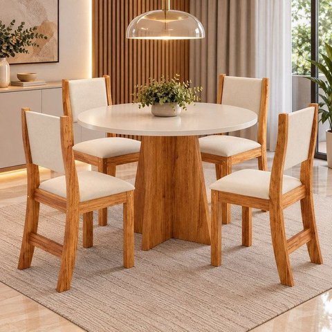 Conjunto Sala de Jantar Mesa Chilli 90cm Tampo Redondo com 4 Cadeiras Sol Bege/Mel/Blonde
