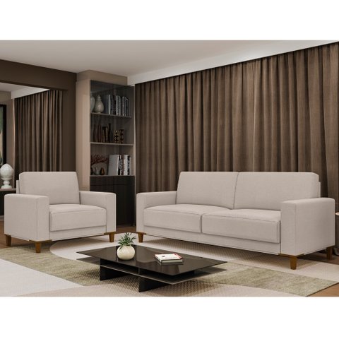 Conjunto Sofá 2 Lugares e Poltrona Chili Linho Off White - Sallar Home