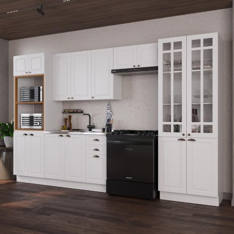 Armário de Cozinha Modulada Completa Fidelitá Nara 100% MDF 5 Peças 350cm 16 Portas 2 Gavetas sem