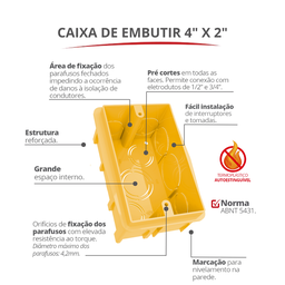24 Unidades Caixa de Luz Embutir em Alvenaria 4" X 2" Cor Amarelo Durín - 2